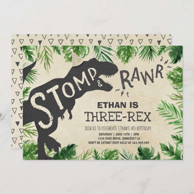 Dino De Convite De Aniversário De Três Rex Do Dino (Frente/Verso)