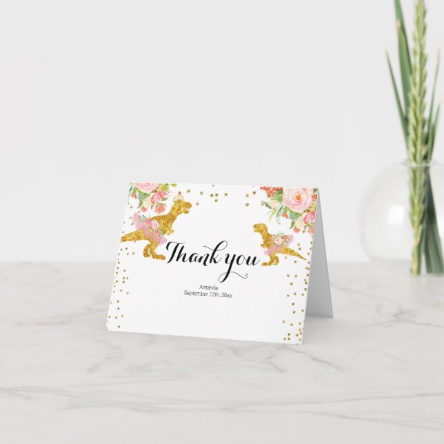 Dino Girl, cor-de-rosa, Dourada Cartões de agradec (Frente)