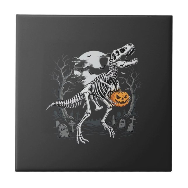 Dinosaur Esqueleto Halloween Abóbora Cemitério Des (Frente)