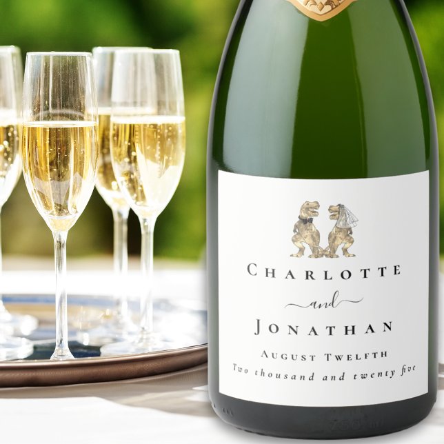 Dinosaur Theme Wedding Custom (Dinosaur themed wedding T-Rex bride and groom custom sparkling wine labels)