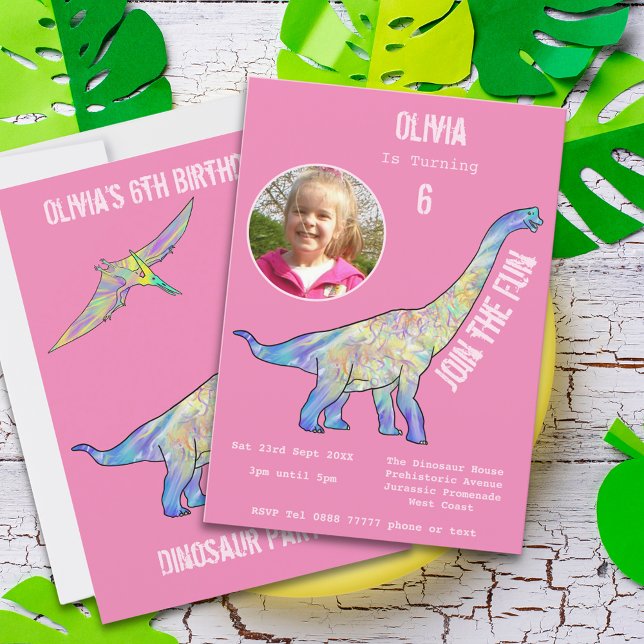 Dinossaur Brachiosaurus Girls Aniversário Foto Ros (Dinosaur brachiosaurus girls pink birthday party invitation with photo template)