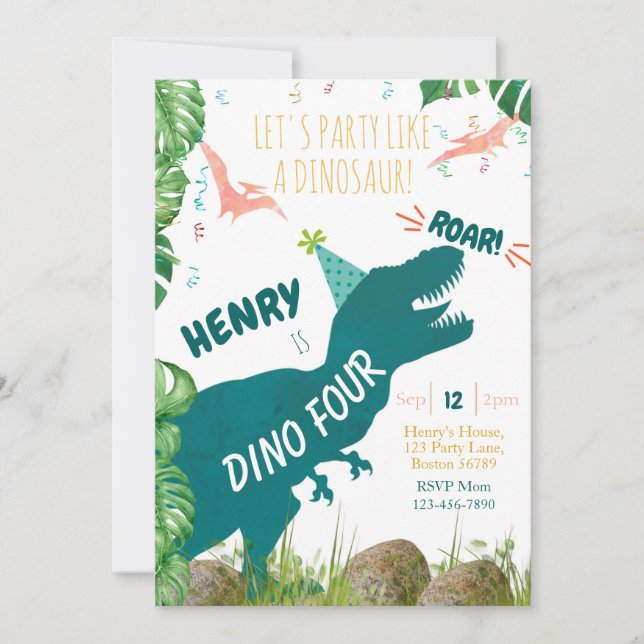 Dinossauro 4º Convite de Aniversário Dino Quatro T (Frente)