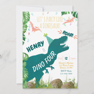 Dinossauro 4º Convite de Aniversário Dino Quatro T