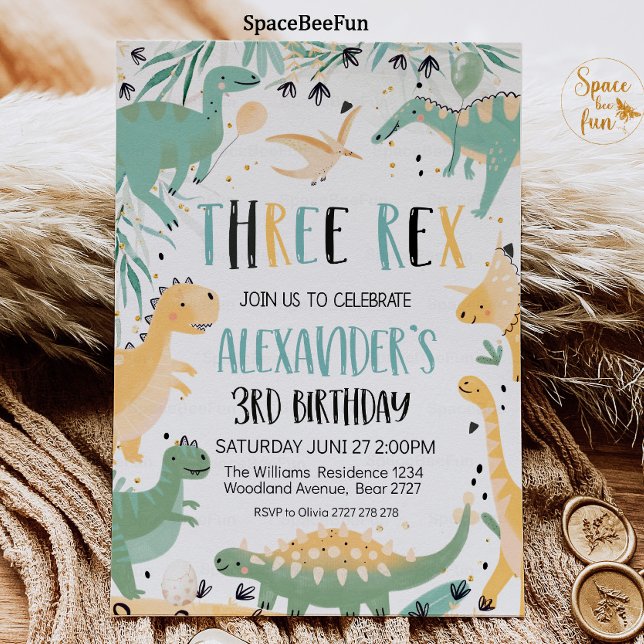 Dinossauro Aniversário Três Rapaz de Convite Rex D (Dinosaur Birthday Three Rex Invitation Boy, Dinosaur Party invitation, Dino 3rd, Three rex birthday )