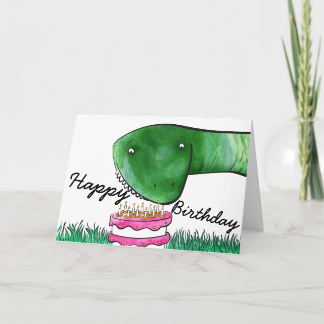 Dinossauro com cartão de aniversário de bolo (Frente)
