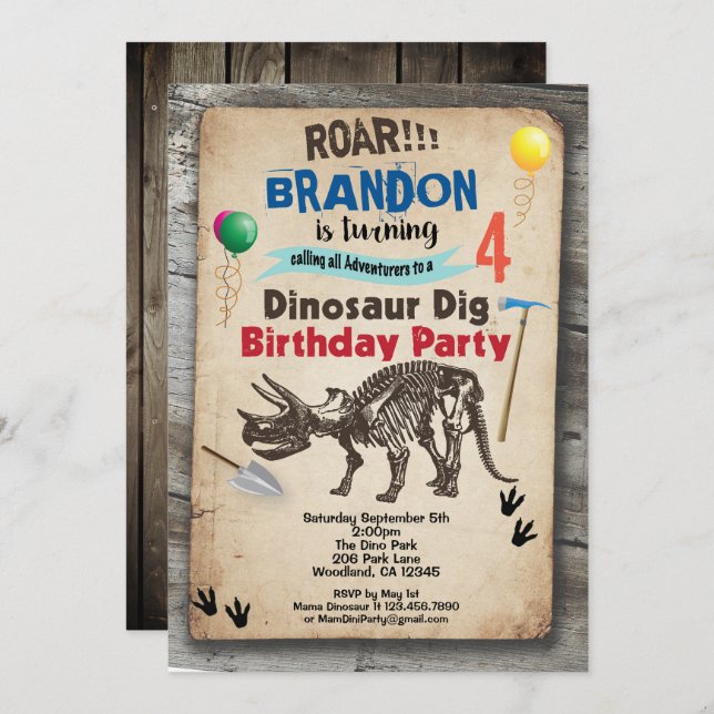 Dinossauro, convite de aniversário, rústico e real (Frente/Verso)