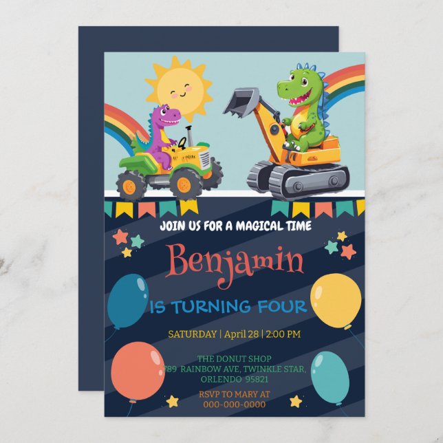 Dinossauro engraçadinho trator de balão Volta para (Frente/Verso)