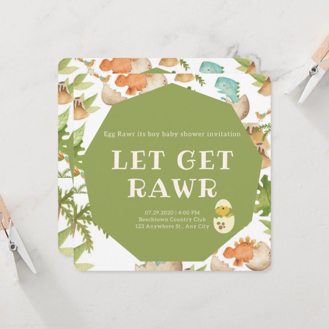 dinossauro fofo na raia de ovo convite a chá (Frente/Verso In Situ)