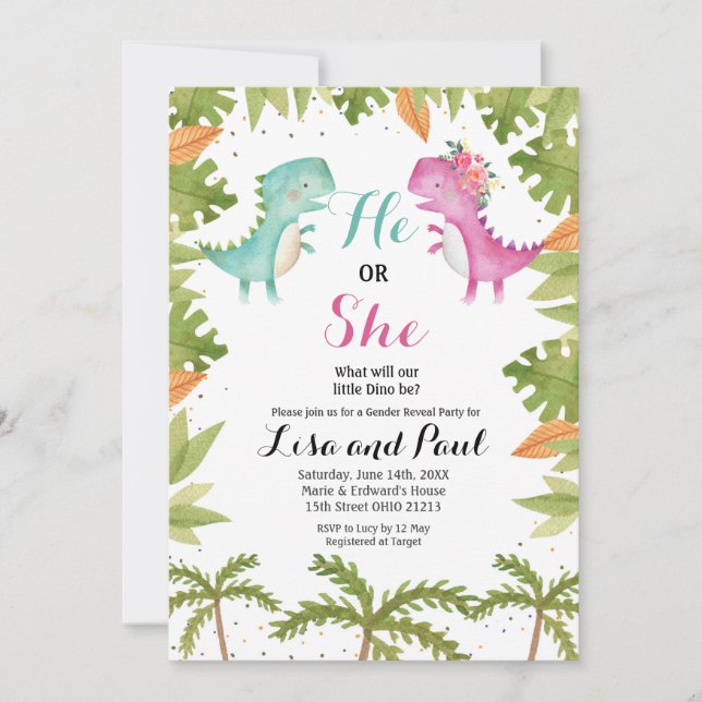 Dinossauro Gênero Revelar Convite (Frente)