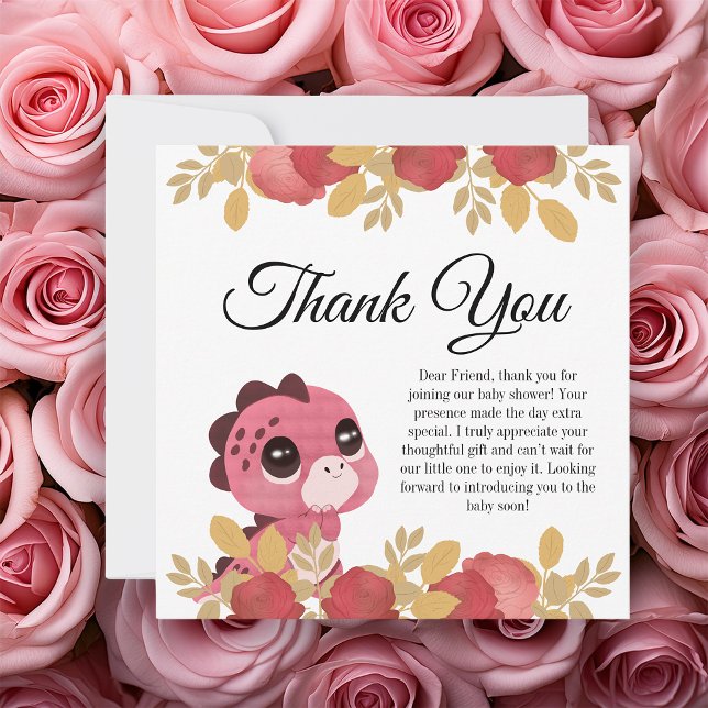 Dinossauro rosa e Cartões de agradecimentos Rosa (pink dinosaur cartoon themed thank you card on top of roses)
