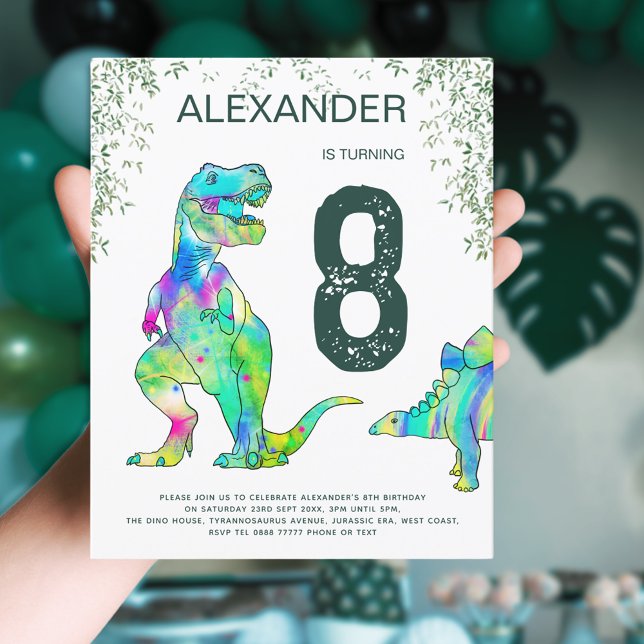 Dinossauro T-Rex selva 8º aniversário do orçamento (Dinosaur T-Rex jungle 8th birthday party invitation colorful watercolor stegosaurus & tyrannosaurus )