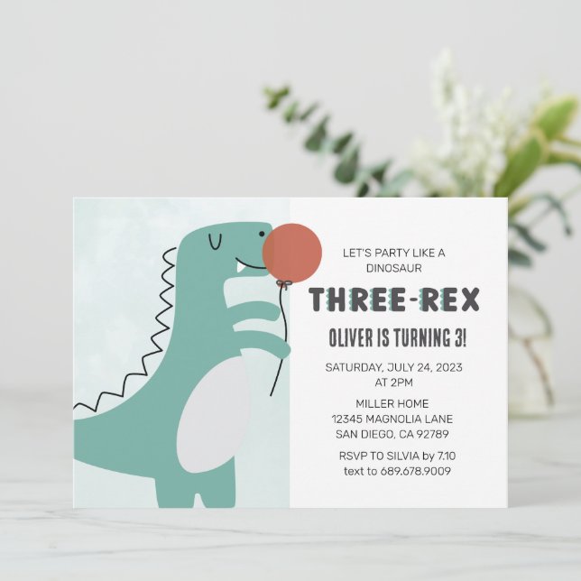 Dinossauro Três-Rex | 3 Convite Rex Aniversário (Em pé/Frente)