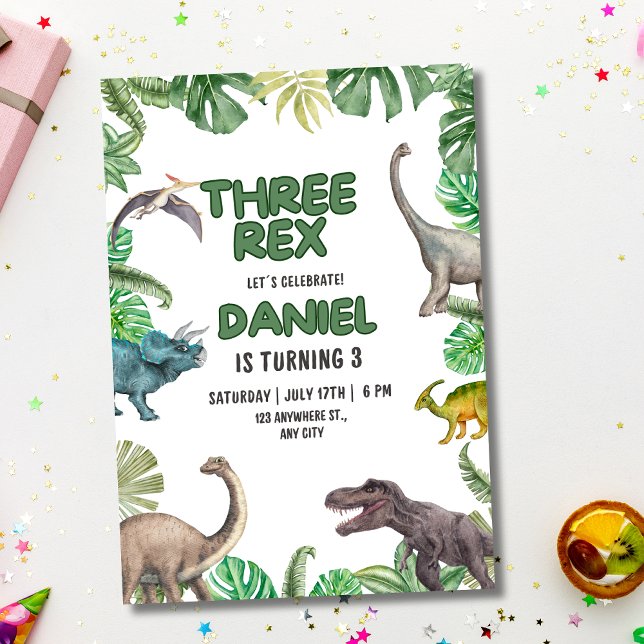 Dinossauro Três Rex Aniversário Convite T Rex (Criador carregado)