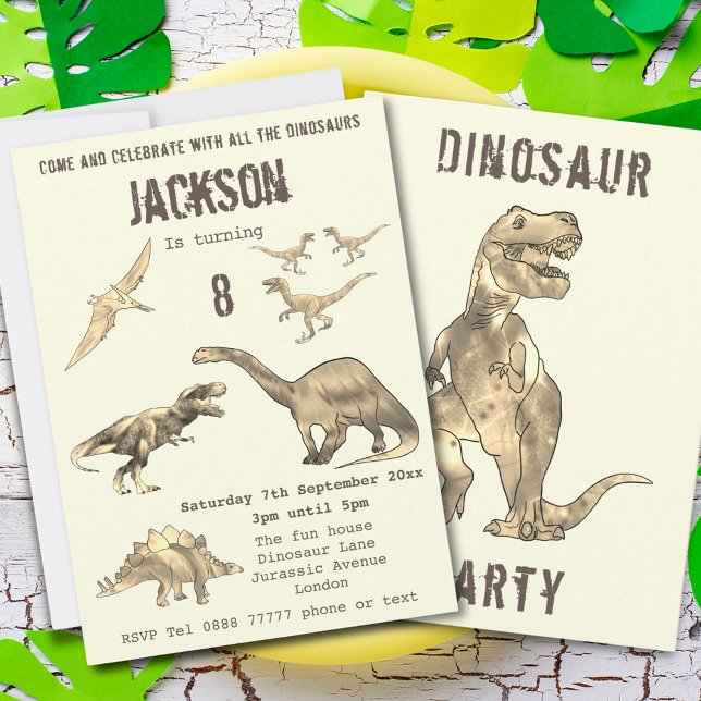 Dinossauros 8ª Festa de aniversário T Rex Roar (dinosaur 8th birthday party budget invitation T-Rex velociraptor stegosaurus brontosaurus pterodacty)