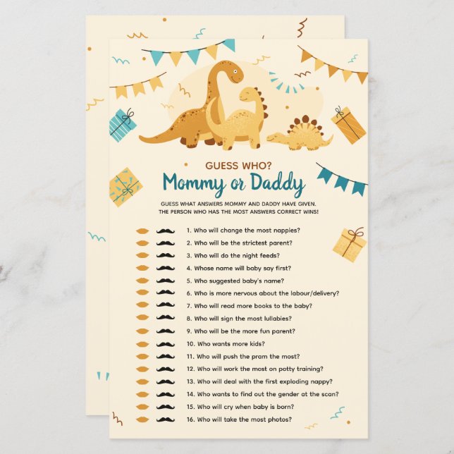 Dinossauros Chá de fraldas adivinha quem Mamãe ou  (Frente/Verso)