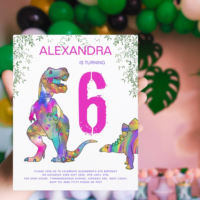 Dinossauros Meninas 6 Festa de aniversário Pink Or (Girls pink dinosaur 6th birthday party budget invitation with colorful T-Rex stegosaurus dinos )