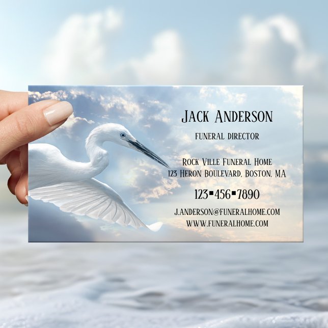 Diretor Funeral do Sky Heron Cartão de visita (Business card with a blue heron against a lightly clouded sky - undertaker - funeral - embalmer)