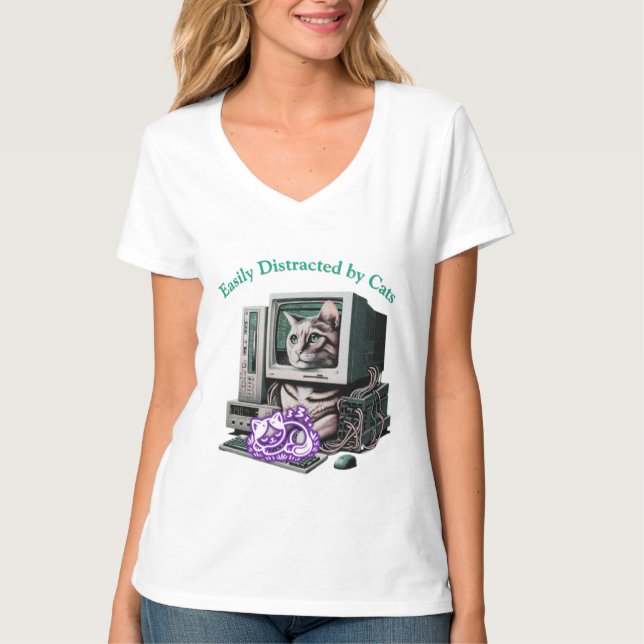 Distraído facilmente por camisetas de gata engraça (Frente)