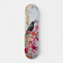 Distressed Pink Florals Raven & Roses Skateboard