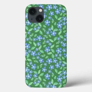 Ditsy Bright Blue Periwinkings on Green Floral