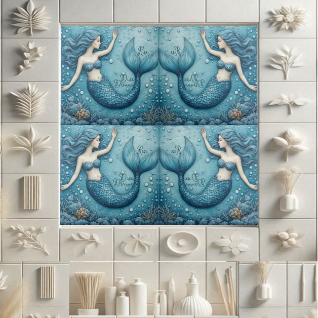 Dive Dream Rise Ocean Mermaid Aqua blue Coral Reef (Dive Dream Rise Ocean Mermaid Aqua blue Coral Reef Ceramic Tile)