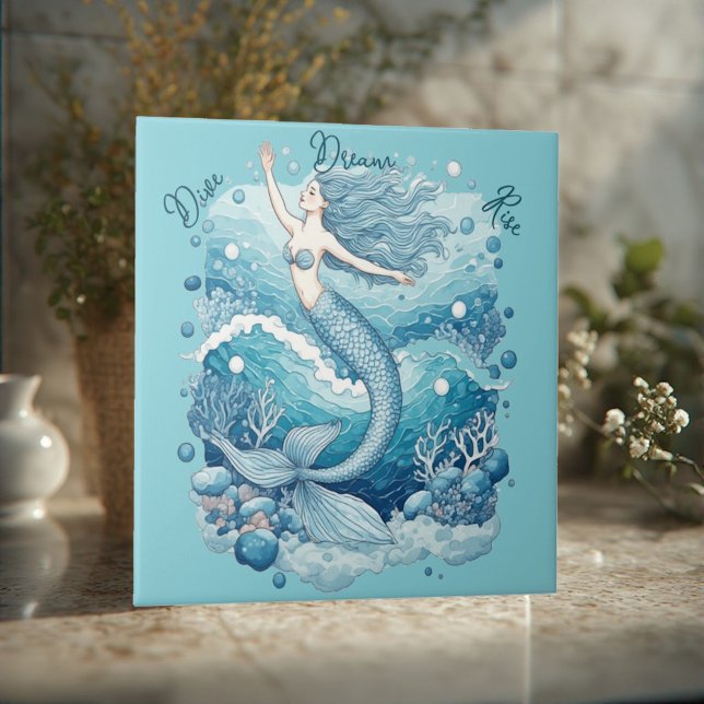 Dive Dream Rise Ocean Mermaid Aquablue Empowerment (Dive Dream Rise Ocean Mermaid Aquablue Empowerment Ceramic Tile)