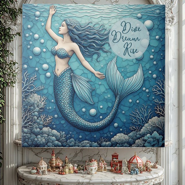 Dive Dream Rise Ocean Mermaid Swimmer Empowerment  (Dive Dream Rise Ocean Mermaid Swimmer Empowerment Ceramic Tile)