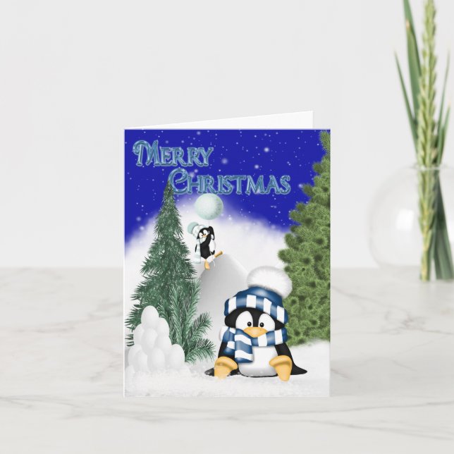 Diversão de Natal dos Pinguins. Cartão de Natal (Frente)