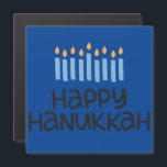 Diversão Feliz Hanukkah Menorah Cartão de Saudação<br><div class="desc">Famosa tipografia, belos blues com esta placa Magnética 5, 25 com Envelope "Happy Hanukkah" quadrada. Dimensões de acabamento de brilho: 5, 25"x5, 25"</div>