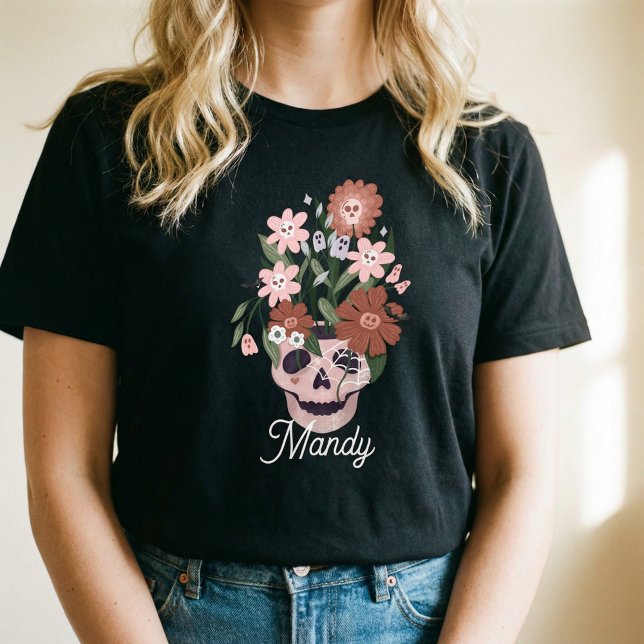 Diversão Spookling Floral Halloween Skull (Cute Fun Pink Skull Flowers Halloween Custom Name Tri-Blend Shirt)