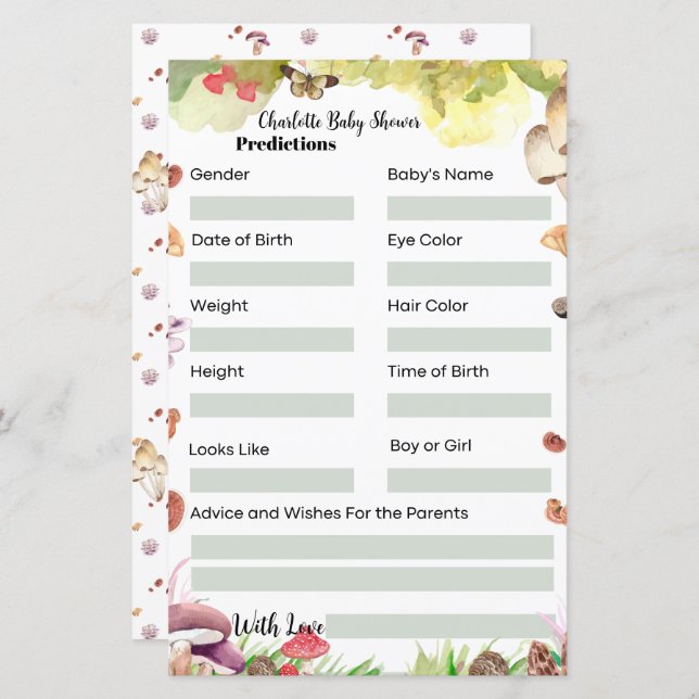 divertidas Previsões Jogo de Chá de Bebê cogumelo (Frente/Verso)