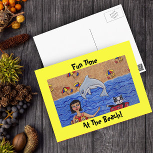 Divertido na praia com meu cartão postal de gato