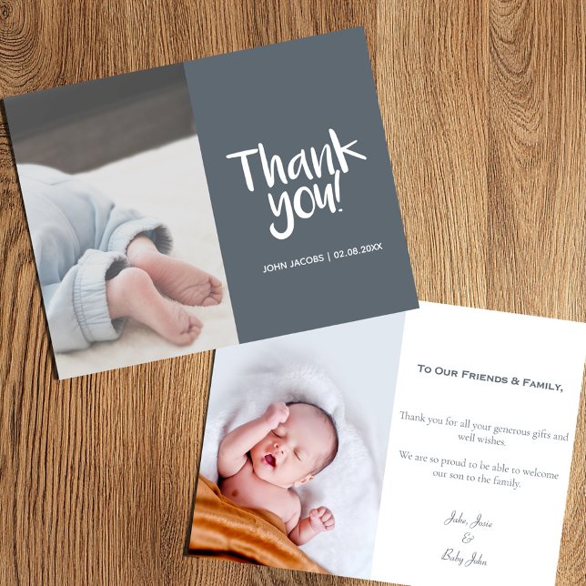 Divertido, sua foto, garoto, cartões de agradecime (Baby shower thank you card with photo on the front and back)