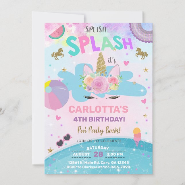 Dividir o convite de aniversário da piscina unicór (Frente)