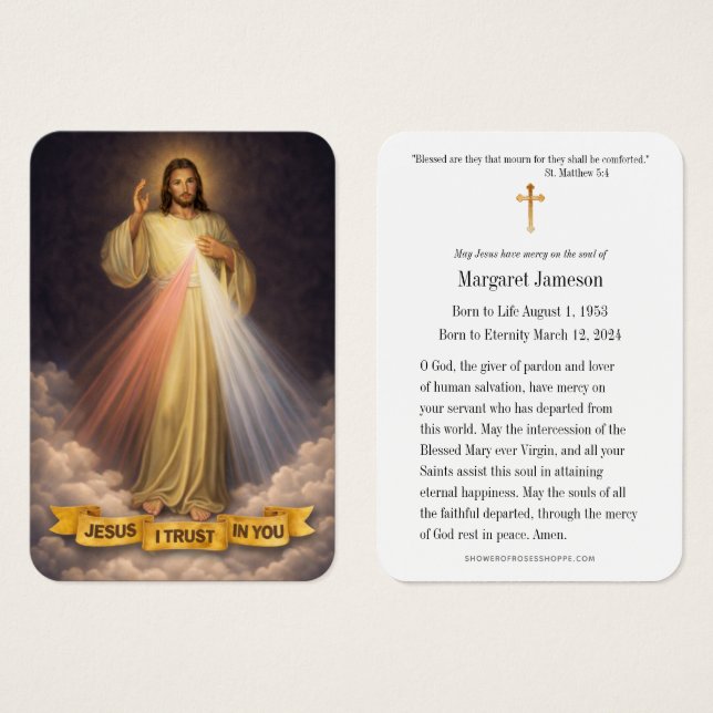 Divine Mercy Jesus Catholic Funeral Holy Card - (Frente & Verso)