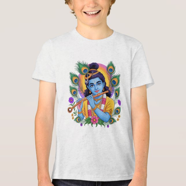 Divino Senhor Krishna Tocando Flauta com Pena de P (Frente)