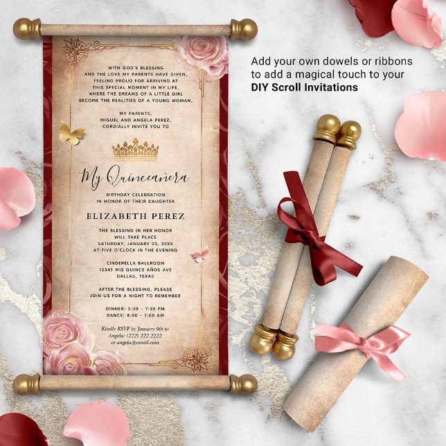 DIY Rosa Dourado Quinceanera Scroll Invisições (How will you present your DIY scrolls? There are so many creative possibilities!)