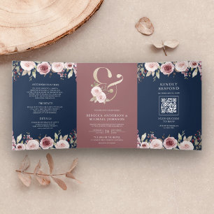 Dobra Tripla Convite de Casamento Azul Naval com Código QR Flor