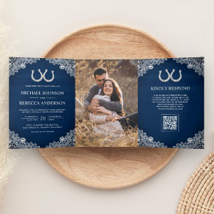 Dobra Tripla Convite de Casamento com Código QR de Foto de Cava