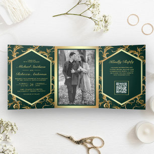 Dobra Tripla Convite de Casamento com Código QR e Foto em Ouro