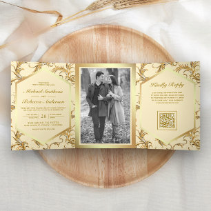 Dobra Tripla Convite de Casamento com Código QR Foto Floral Ama