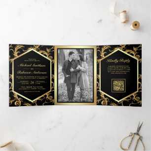 Dobra Tripla Convite de Casamento com Código QR Foto Redemoinho