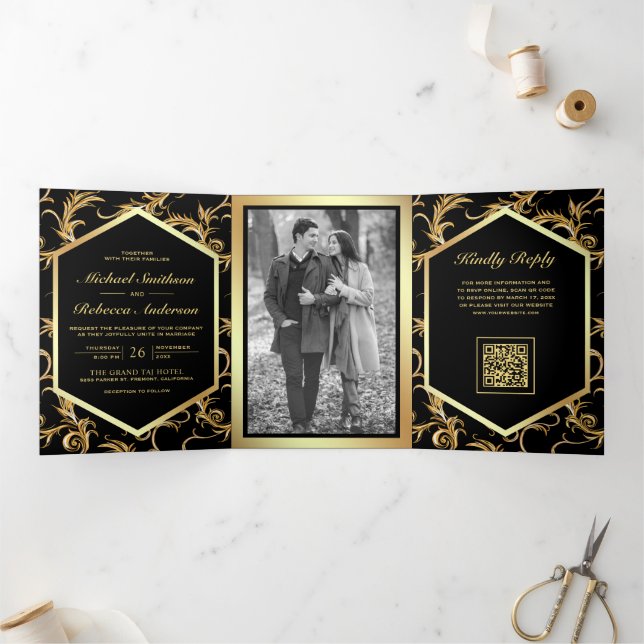 Dobra Tripla Convite de Casamento com Código QR Foto Redemoinho (Dentro)