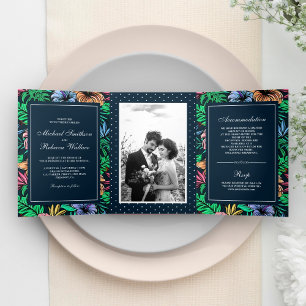 Dobra Tripla Convite de Casamento com Foto de Jardim Floral Tro