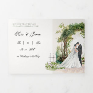 Dobra Tripla Convite de Casamento de Jardim com Aquarela Românt