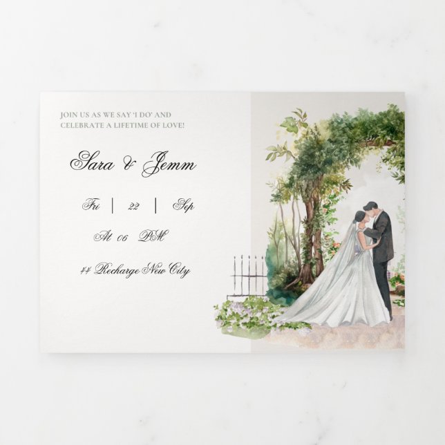 Dobra Tripla Convite de Casamento de Jardim com Aquarela Românt (Cobrir)