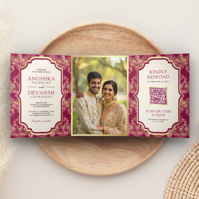 Dobra Tripla Convite de Casamento Indiano com Código QR e Renda (Criador carregado)