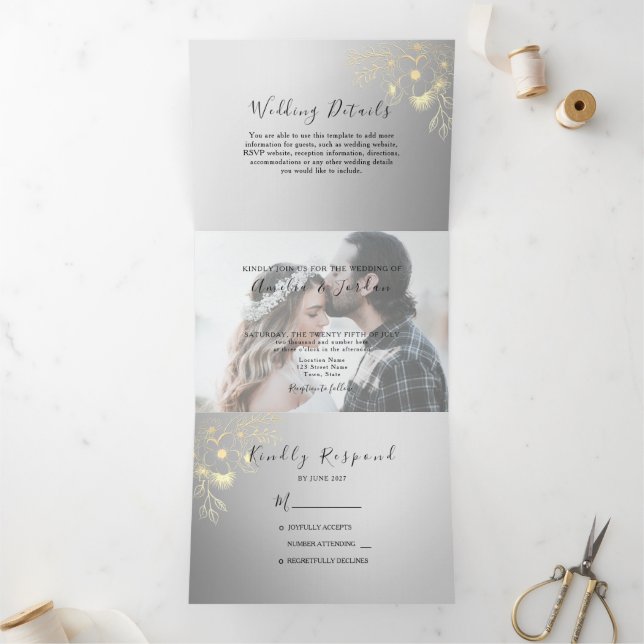 Dobra Tripla Convite de Casamento Tri-Fold 3 em 1 com Foto (Dentro)