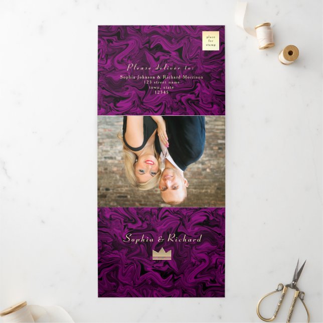Dobra Tripla Convite de Casamento Tri-Fold Roxo 3 em 1 com Foto (Fora)