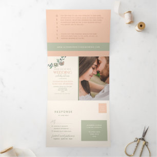 Dobra Tripla Convite de Casamento Tri-Fold Verde com Rubor